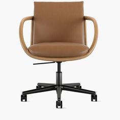 a brown leather office chair with black wheels and casteors on an isolated white background