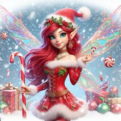 a christmas fairy holding a candy cane in her hand and wearing a santa claus outfit