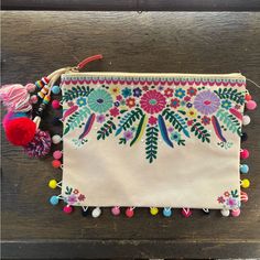 Nwt Steve Madden Multicolor Embroidered Clutch With Pom Poms Bright And Colorful Pompom And Tassel Details Zip Top New With Tag. Small Fairly Light Spot On Back Corner As Shown. Pink Embroidered Clutch Bag, Pink Floral Embroidered Clutch Bag, Steve Madden Wallet, Glitter Clutch, Boho Cowgirl, Embroidered Clutch, Vintage Chanel Handbags, Zippered Clutch, Printed Clutch