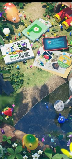 an aerial view of various objects in the grass