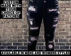 "Crust Punk Pants - Crust Patch Pants - Custom Made Punk Pants with Patches, Zippers, & Studs - Punk Band Patch Pants - Custom Crust Pants These pants are custom made just for you! These pants include the following: * UP TO 12 PATCHES * UP TO 10 STUDS * UP TO 2 EXTRA ZIPPERS If you would like more, please let me know and I can create a custom add-on listing for you to purchase. CUSTOMIZATION: * Choose your size from the menu. * In the personalization box, enter the specific types of patches that Fitted Distressed Alternative Bottoms, Distressed Fitted Alternative Bottoms, Fitted Punk Distressed Bottoms, Punk Style Distressed Fitted Bottoms, Fitted Distressed Punk Bottoms, Halloween Concert Fitted Pants, Fitted Bottoms For Halloween Streetwear, Fitted Pants For Halloween Concert, Fitted Pants For Concerts And Halloween