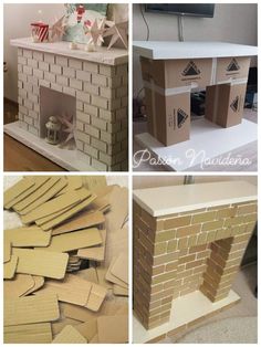 four different pictures of cardboard houses made to look like bricks