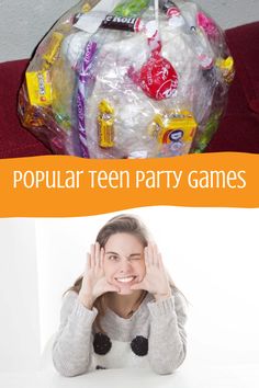 a woman sitting in front of a bag filled with candy