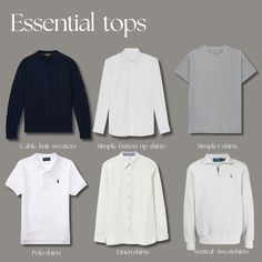 Essential tops for old money fashion style capsule wardrobe for menswear, see more in my Insta post knitted sweaters, button ups, t-shirts, polo shirts, sweatshirts, classicwear Old Money Aesthetic Wardrobe, Old Money Polo Shirt Men, Old Money Men Wardrobe, Simple Old Money Outfits Men, Old Money Outfits Capsule Wardrobe, Men Tops Fashion, Mens Old Money Capsule Wardrobe, Old Money Shirt Men, Old Money Wardrobe Essentials Men