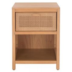 the side table is made out of wood and has a rattan pattern on it