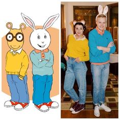 a man and woman standing next to each other in front of a cartoon character wearing bunny ears