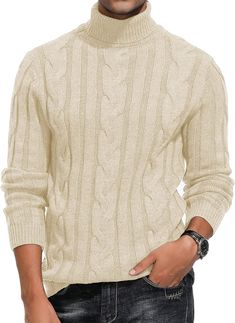 Stay warm and stylish with this Men's Fashion V Neck White Striped Long Sleeve Sweater. Crafted from soft, comfortable fabric and featuring a classic V-neck style, this sweater is perfect for any occasion. The stylish stripes give it a timeless elegance that is sure to turn heads. 50% Acrylic, 30% Polyester, 20% Polyamide Imported Pull On closure Machine Wash Our men's pullover sweater is made of premium soft and warm fabric, the soft and cozy fabric provides ultimate comfort and warmth while en Casual Beige Knit Turtleneck, Casual Cable Knit Turtleneck, Casual Solid Cable Knit Turtleneck, Casual Solid Color Cable Knit Turtleneck, Classic Soft Knit Long Sleeve Turtleneck, Casual Cable Knit Turtleneck For Cold Weather, Casual Beige Turtleneck, Casual Cozy Fit Long Sleeve Turtleneck, Casual Solid Turtleneck With Textured Knit