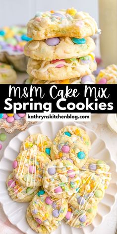 cookies are stacked on top of each other with the words, m & m cake mix spring