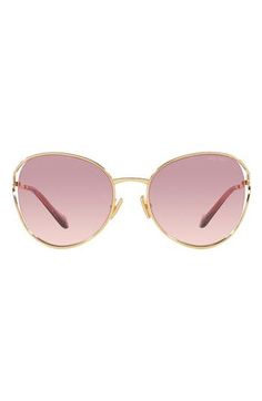 Polished metal frames add a glamorous vibe to Italian-made sunglasses with gradient lenses and signature logo hardware at the temples. 58mm lens width; 20mm bridge width; 125mm temple length 100% UV protection Adjustable nonslip nose pads Metal Made in Italy Formal Rose Gold Tinted Sunglasses, Modern Rose Gold Sunglasses With Gradient Lenses, Miu Miu Gold Sunglasses With Tinted Lenses, Miu Miu Sunglasses With Gradient Lenses For Formal Occasions, Luxury Rose Gold Sunglasses With Uv Protection, Miu Miu Gold Tinted Sunglasses, Elegant Rimless Aviator Sunglasses With Gradient Lenses, Miu Miu Square Frame Sunglasses With Gradient Lenses, Miu Miu Luxury Sunglasses For Formal Occasions