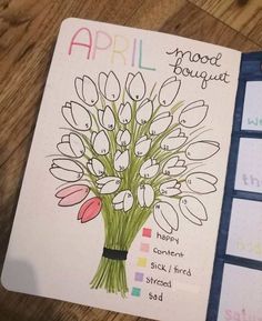 an open planner with flowers on it and the words,'april good bouquet '