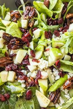 a salad with lettuce, apples, cranberries and pecans in it