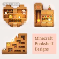 three different types of bookshelves made out of lego blocks and wood planks with text overlay that reads minecraft bookshelf designs