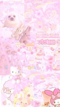 an image of hello kitty wallpaper with many different things on it's surface