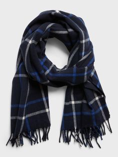 Soft and warm, this classic plaid scarf is designed for layering.  SUSTAINABLE: Made with a recycled polyester blend sourced from 6 post-consumer plastic bottles.  Length: 72" (183cm) Width: 20" (51cm) Casual Plaid Scarves For Cold Weather, Casual Wool Plaid Scarves, Casual Plaid Wool Scarf, Dark Blue Plaid, Windowpane Plaid, Scarf Outfit, Blue Scarf, Blue Gingham, Winter Sale