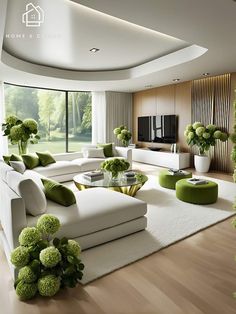 a living room filled with lots of white furniture and green decorations on top of it