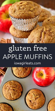 gluten free apple cinnamon muffins with apples in the background