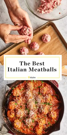 the best italian meatballs recipe in a skillet on a marble counter top with two hands reaching for them