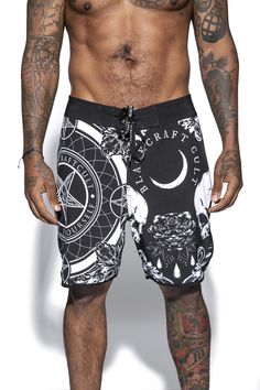 Baroque Print - Board Shorts – Blackcraft Cult Summer Festival Bottoms With Graphic Print, Fitted Graphic Print Beach Bottoms, Fitted Graphic Print Bottoms For The Beach, Black Bottoms For Streetwear And Beach Season, Black Printed Beachwear Bottoms, Printed Black Beachwear Bottoms, All Over Print Bottoms For Summer Streetwear, Summer Streetwear Bottoms With All Over Print, Blackcraft Cult