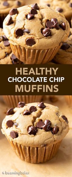 healthy chocolate chip muffins with text overlay