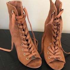 Lace Up Camel Brown Bootie Never Worn Casual Round Toe Heels By Forever 21, Forever 21 Casual Round Toe Heels, Casual Summer Heels From Forever 21, Casual Summer Heels By Forever 21, Forever 21 Casual Summer Heels, Brown Lace-up Faux Leather Heeled Boots, Forever 21 Casual Open Toe Heels, Brown Faux Leather Ankle Lace-up Boots, Brown Ankle-high Faux Leather Lace-up Boots