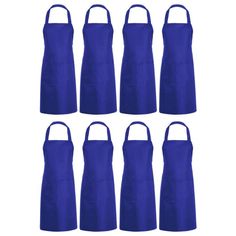 six blue aprons are lined up against a white background