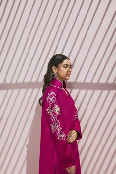 Festive Pink Set With Set-in Sleeves, Long Sleeve Pink Silk Kurta, Pink Raw Silk Sets For Spring, Spring Pink Raw Silk Kurta, Pink Silk Long Sleeve Sets, Silk Long Sleeve Pink Sets, Spring Pink Kurta With Embroidered Sleeves, Pink Eid Sets With Embroidered Sleeves, Pink Floral Embroidery Kurta For Party