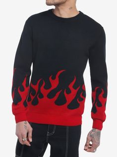 Get ready to bring the heat this winter! Keep your 'fit lookin' lit in this cozy sweater  featuring a red flame border along the bottom trim and sleeves.100% acrylicWash cold; dry lowImportedListed in men'sunisex sizes Flame Sweater Crochet Pattern, Flame Sweater, Hot Sweater, Tall Hoodies, Bring The Heat, Plus Size Fits, Socks And Tights, Cozy Sweater, Sweaters And Jeans