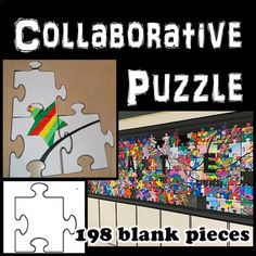 a collage of pictures with puzzles on it and the words collaborateive puzzle