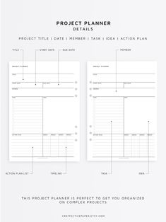 the project planner template is shown in two sections, with each section numbered on one side and