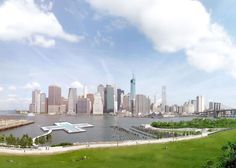 an artist's rendering of the waterfront park in front of new york cityscape