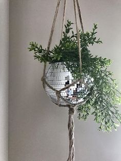 a mirror ball hanging from a rope with plants in it