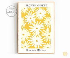 a yellow and white flower market poster with the words, summer blooms written on it