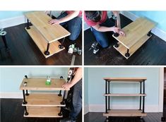 three pictures showing how to make a diy coffee table with wheels and wood shelves