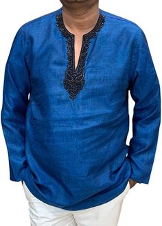 Embroidered V Neck denim-blue Mens Tunics Short kurta made in pure linen for summer wedding. All sizes shown are US Jacket size which you wear just select that we will send you the right fit shirt or Tunic Made in denim-blue color pure linen fabric. Dry Clean Only: Made in India Hip-length Kurta Tunic Lightweight & Breathability Traditional Long Sleeve Linen Kurta, Long Sleeve Linen Kurta With Chikankari Embroidery, Summer Linen Kurta With Chikankari Embroidery, Bohemian Linen Kurta For Summer, Blue Long Sleeve Kurta For Summer, Party Wear Blazers, Mens Tunic, Groom And Groomsmen Suits, Angrakha Style