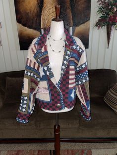 "\"Painted Pony\" Women Size Medium Jacket. This jacket is 4Th of July Theme. This jacket is in MINT condition with NO tears or stains on the fabric Details: 1.) Breast: 46\" inches 2.) Shoulder to shoulder: 19\" inches 3.) Shoulder to hem: 22\" inches 4.) Sleeve Length: 34\" inches 5.) Waist: 40\" inches 6.) Shoulder pads 7.) Dry clean only 8.) 100% Cotton 9.) 2 silver buttons 10.) Made in U.SA. Thanks for looking & please look at my listings for more clothes!!" Americana Style Long Sleeve Fall Outerwear, Americana Style Long Sleeve Outerwear For Fall, American Retro Long Sleeve Outerwear For Fall, Americana Long Sleeve Winter Outerwear, Americana Style Long Sleeve Winter Outerwear, 4th Of July Theme, Maxwell Photos, Bible Story Book, Bible Stories For Kids