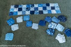 blue and white quilts laid out on the floor