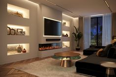 modern living room with fireplace and large screen tv