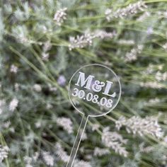 a close up of a small glass sign in front of some grass and flowers with the word msl on it