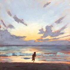 a painting of a person walking on the beach at sunset with clouds in the sky