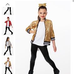 Nwt Weissmans Dance Costume “Rock That Body” Style #: 12426 Sizes Available: Large Child (Lc) Color: Gold Condition: New, Never Worn Comes With Matching Gold Hair Bow, Shoes Not Included Description Hree Piece Costume Includes Tank Top, Jacket And Leggings High-Low Glitter Knit Tank Top Metallic Bomber Jacket With Rib Knit Collar, Cuffs And Hem Shiny Spandex Leggings With Sequin Spandex Insets At The Knees Weissman Costumes, Dance Recital Costumes, Dance Unitard, Dance Costumes Hip Hop, Hip Hop Costumes, Green Tutu, Dance Costumes Lyrical, Spandex Leggings, Knit Tank Top