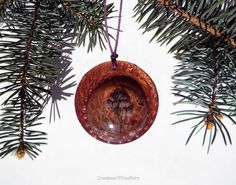 an ornament hanging from a pine tree with two small flowers in the center