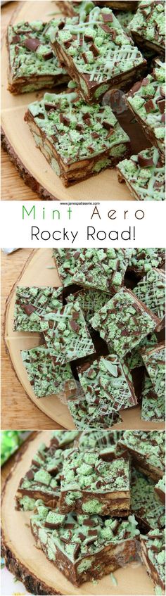 mint and oreo rocky road dessert on a wooden cutting board with text overlay