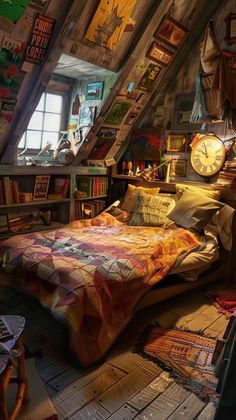 a bed sitting in a bedroom under a window next to a book shelf filled with books