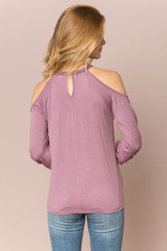 Lilac Knit Crepe Crochet Lace Panel Cold Shoulder Top 3/4 Sleeve Loose Fit 95% Rayon 5% Spandex Purple Tops For Fall Layering, Cold Shoulder Tops For Fall Day Out, Cold Shoulder Tops For Day Out In Fall, Purple Top For Spring Layering, Stretch Long Sleeve Top For Fall Day Out, Stretch Tops For Fall Day Out, Fall Stretch Tops For Day Out, Stretch Long Sleeve Top For Day Out In Fall, Spring Stretch Purple Top