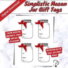 three mason jar gift tags with red bows on them and the words, simple mason jar gift tags