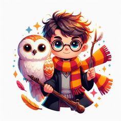 a young boy holding an owl on top of a harry potter wand with stars in the background