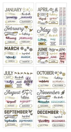 four months of the year stickers with different font and numbers on them, all written in