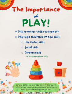 an advertisement for the importance of play, with children's toys and hands on it