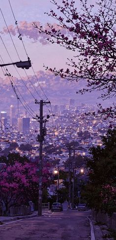 the city is in the distance with pink flowers on trees and power lines above it