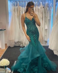 Teal Mermaid Prom Dress, Feathered Prom Dress, Long Prom Dresses Cheap, Prom Dresses Cheap, Cheap Prom Dresses Long, Cheap Formal Dresses, V Neck Prom Dresses, Beaded Tulle, Dresses Cheap